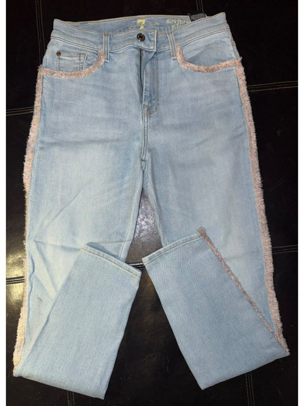 7 For All MankindHigh Rise Pink Fringe Ankle Skinny Jeans